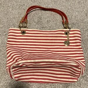 TOMMY HILFIGER RED AND WHITE STRIPE SHOULDER BAG WITH GOLD BAG CHAIN